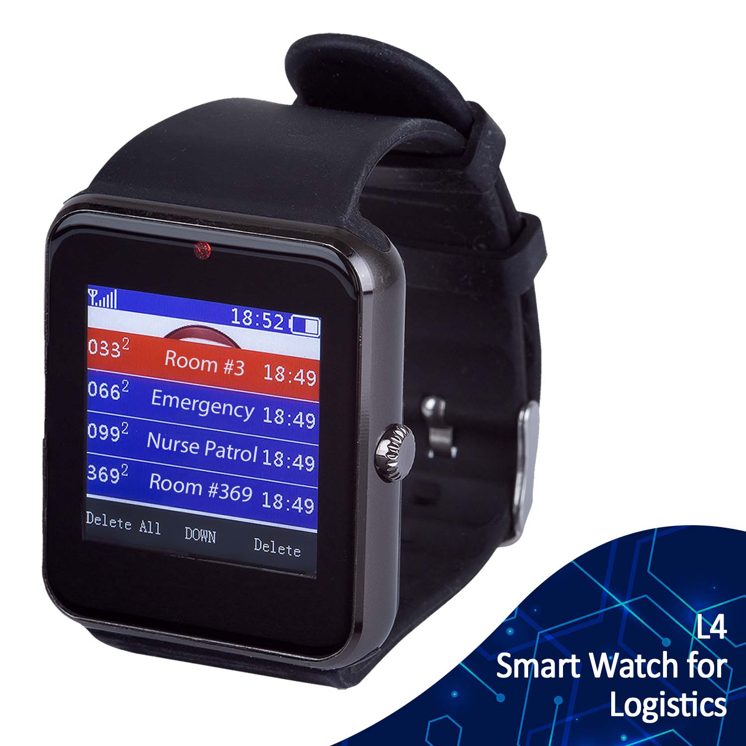 Wireless Receiver Pager in format of a smart watch showing customizable calls for hospitals and clinics