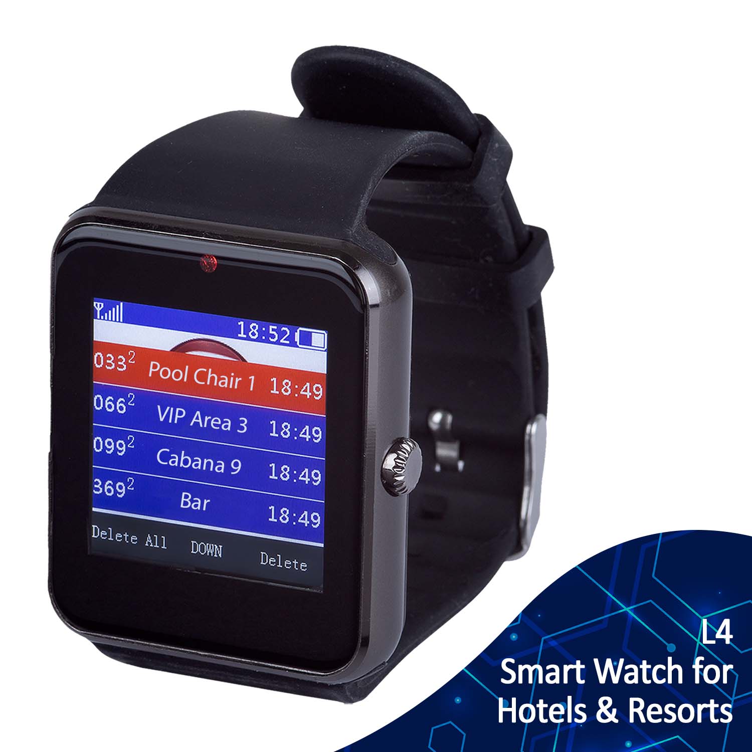 Wireless Receiver Pager in format of a smart watch showing customizable calls for hotels & resorts