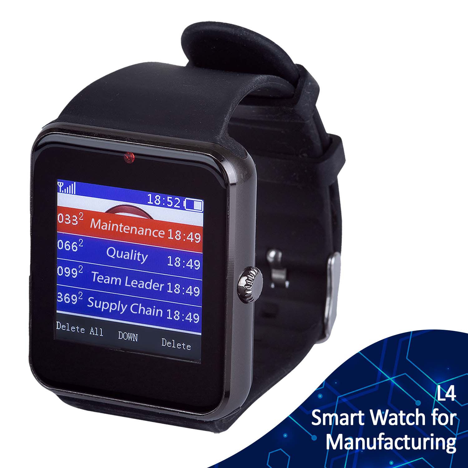 Wireless Receiver Pager in format of a smart watch showing customizable calls for manufacturing industries